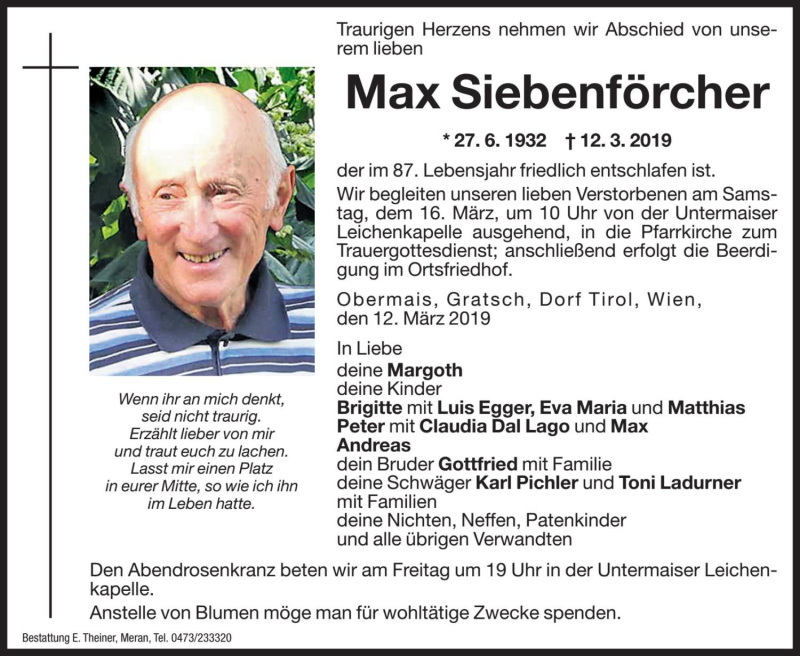  Traueranzeige für Max Siebenförcher vom 14.03.2019 aus Dolomiten