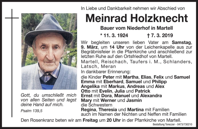  Traueranzeige für Meinrad Holzknecht vom 08.03.2019 aus Dolomiten