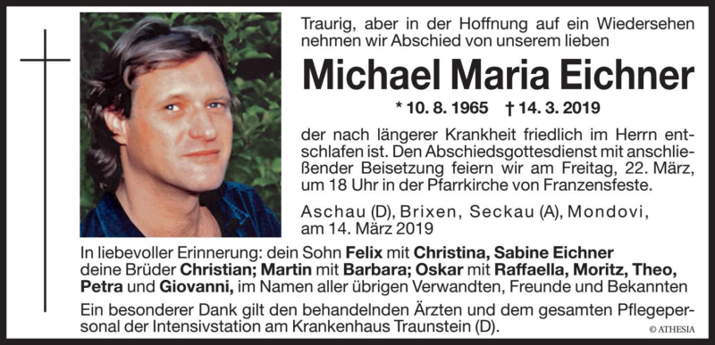  Traueranzeige für Michael Eichner vom 20.03.2019 aus Dolomiten