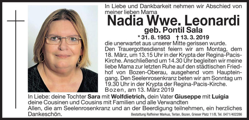  Traueranzeige für Nadia Leonardi vom 15.03.2019 aus Dolomiten