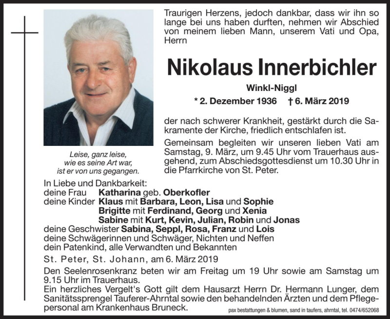  Traueranzeige für Nikolaus Innerbichler vom 08.03.2019 aus Dolomiten