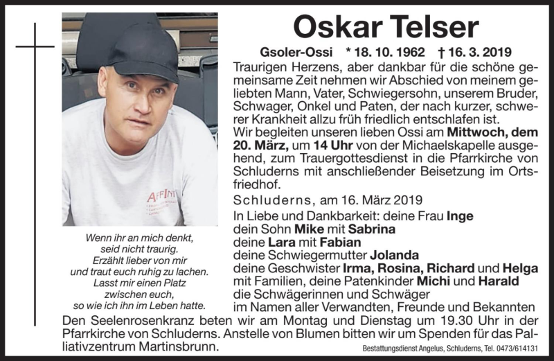  Traueranzeige für Oskar Telser vom 18.03.2019 aus Dolomiten