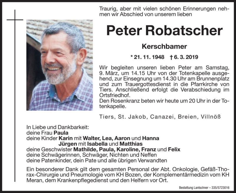  Traueranzeige für Peter Robatscher vom 08.03.2019 aus Dolomiten