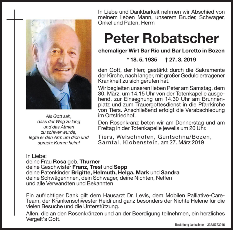  Traueranzeige für Peter Robatscher vom 28.03.2019 aus Dolomiten