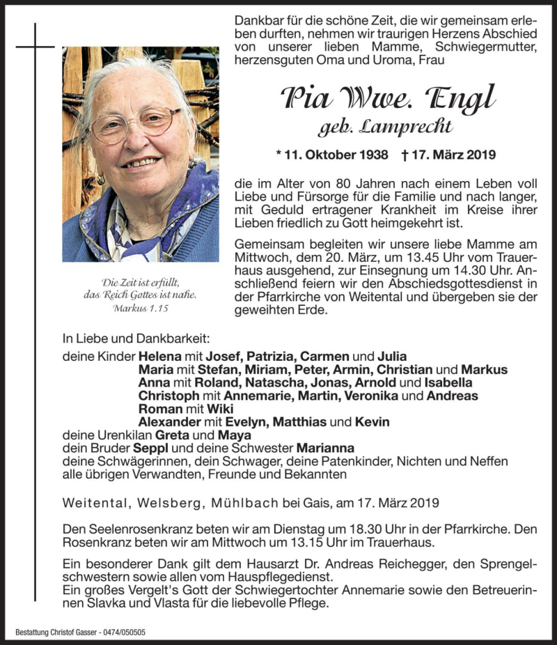  Traueranzeige für Pia Engl vom 19.03.2019 aus Dolomiten