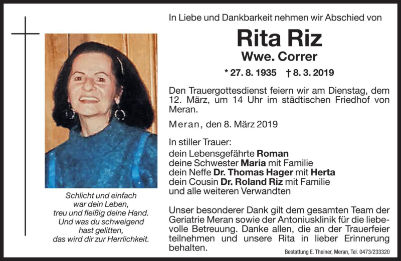  Traueranzeige für Rita Correr vom 09.03.2019 aus Dolomiten