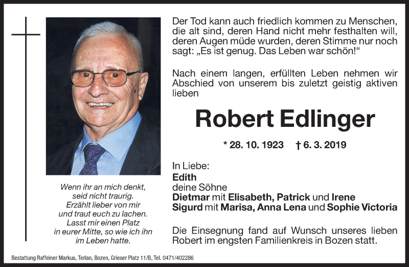  Traueranzeige für Robert Edlinger vom 12.03.2019 aus Dolomiten