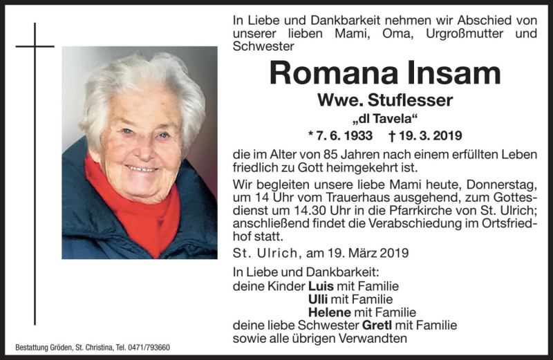  Traueranzeige für Romana Stuflesser vom 21.03.2019 aus Dolomiten