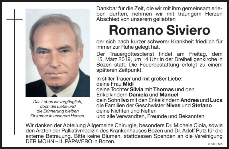  Traueranzeige für Romano Siviero vom 13.03.2019 aus Dolomiten