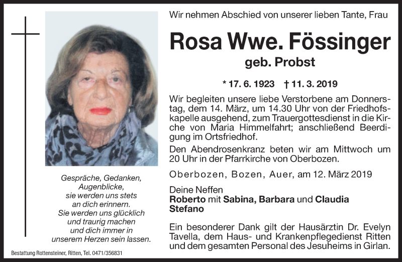  Traueranzeige für Rosa Fössinger vom 12.03.2019 aus Dolomiten
