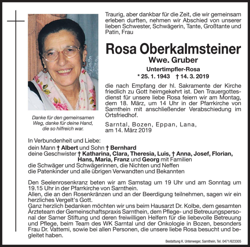  Traueranzeige für Rosa Gruber vom 16.03.2019 aus Dolomiten