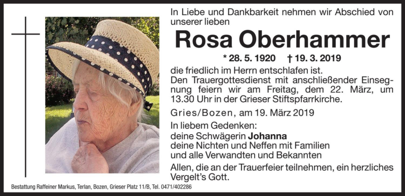  Traueranzeige für Rosa Oberhammer vom 21.03.2019 aus Dolomiten
