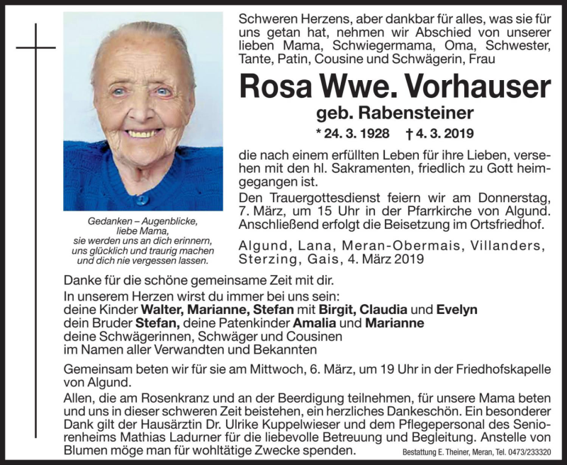  Traueranzeige für Rosa Vorhauser vom 06.03.2019 aus Dolomiten