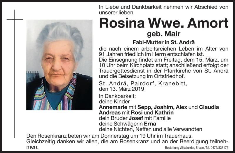  Traueranzeige für Rosina Amort vom 14.03.2019 aus Dolomiten