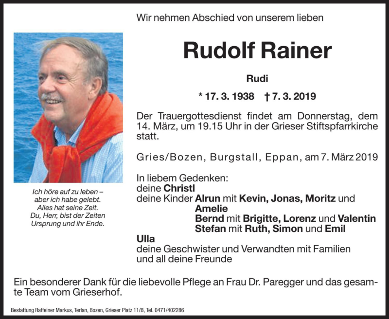  Traueranzeige für Rudolf Rainer vom 09.03.2019 aus Dolomiten