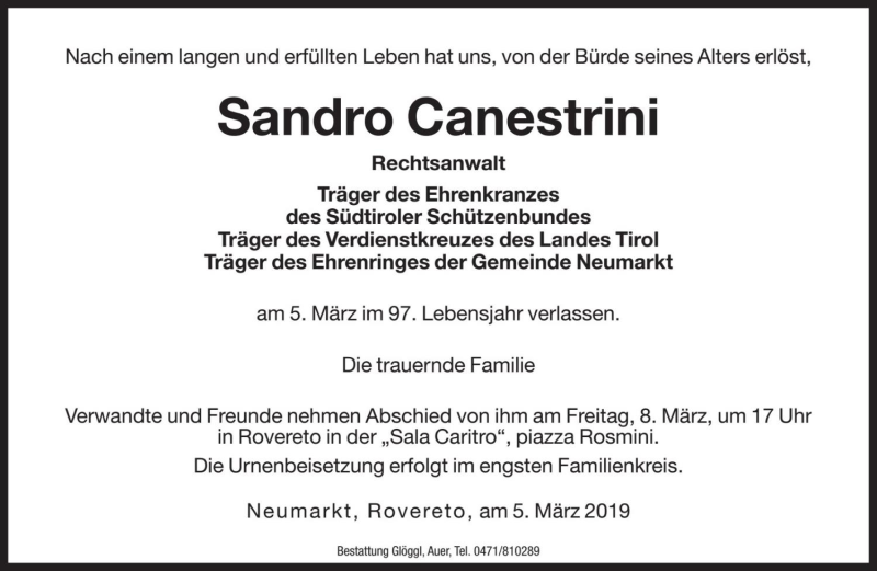  Traueranzeige für Sandro Canestrini vom 06.03.2019 aus Dolomiten
