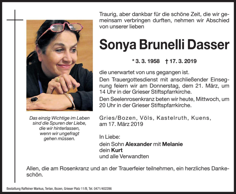  Traueranzeige für Sonya Dasser vom 20.03.2019 aus Dolomiten