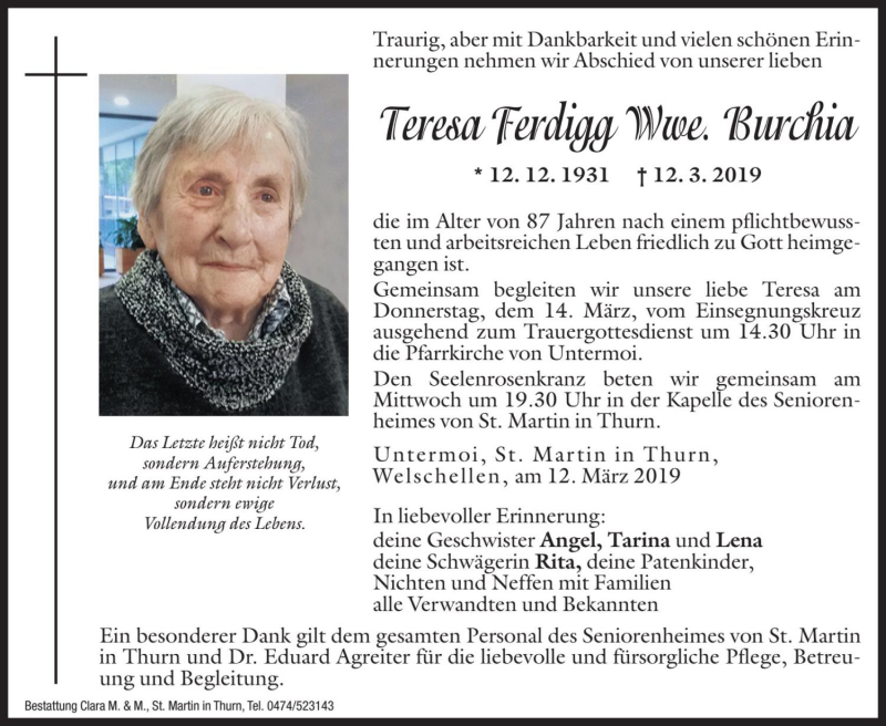  Traueranzeige für Teresa Burchia vom 13.03.2019 aus Dolomiten