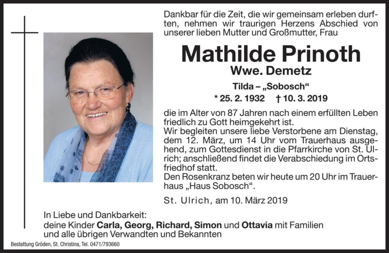  Traueranzeige für Mathilde Demetz vom 11.03.2019 aus Dolomiten