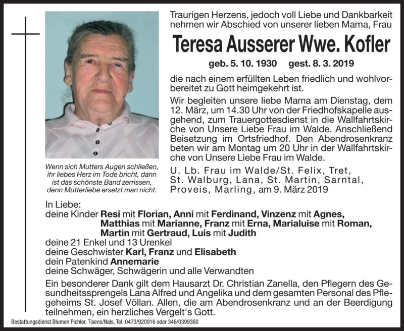  Traueranzeige für Teresa Kofler vom 11.03.2019 aus Dolomiten