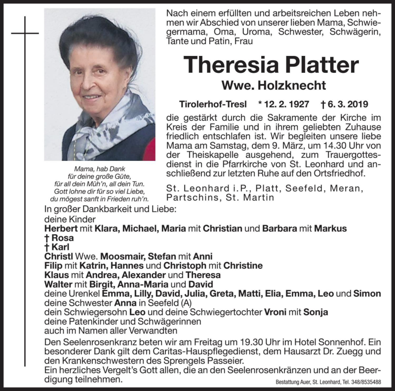  Traueranzeige für Theresia Holzknecht vom 08.03.2019 aus Dolomiten
