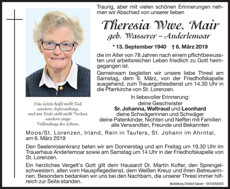  Traueranzeige für Theresia Mair vom 08.03.2019 aus Dolomiten