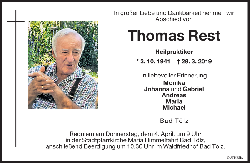  Traueranzeige für Thomas Rest vom 30.03.2019 aus Dolomiten
