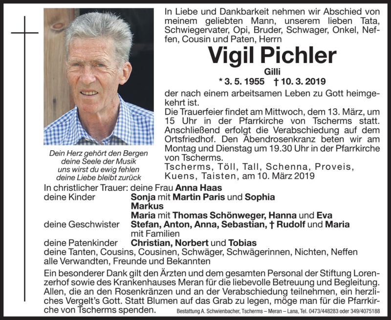  Traueranzeige für Vigil Pichler vom 11.03.2019 aus Dolomiten