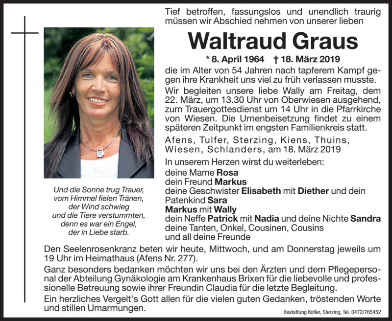  Traueranzeige für Waltraud Graus vom 20.03.2019 aus Dolomiten