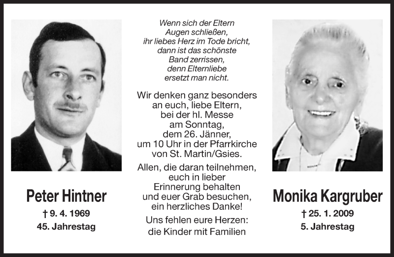  Traueranzeige für Peter Hintner vom 25.01.2014 aus Dolomiten