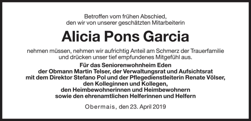 Traueranzeige für Alicia Pons Garcia vom 24.04.2019 aus Dolomiten