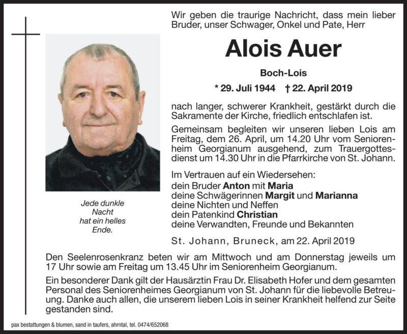  Traueranzeige für Alois Auer vom 24.04.2019 aus Dolomiten