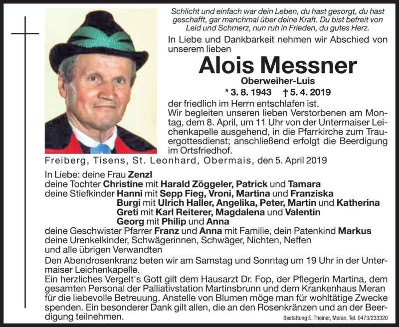  Traueranzeige für Alois Messner vom 06.04.2019 aus Dolomiten