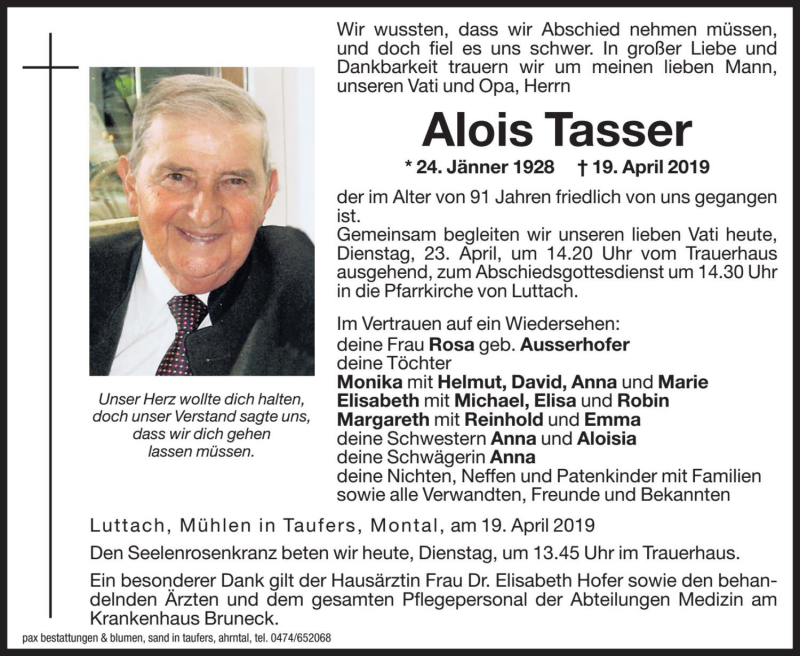  Traueranzeige für Alois Tasser vom 23.04.2019 aus Dolomiten