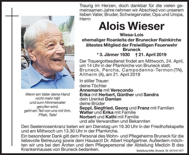  Traueranzeige für Alois Wieser vom 23.04.2019 aus Dolomiten