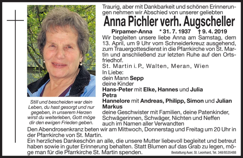 Traueranzeige für Anna Augscheller vom 10.04.2019 aus Dolomiten