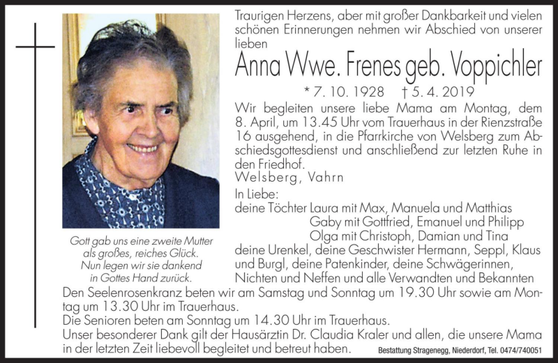  Traueranzeige für Anna Frenes vom 06.04.2019 aus Dolomiten