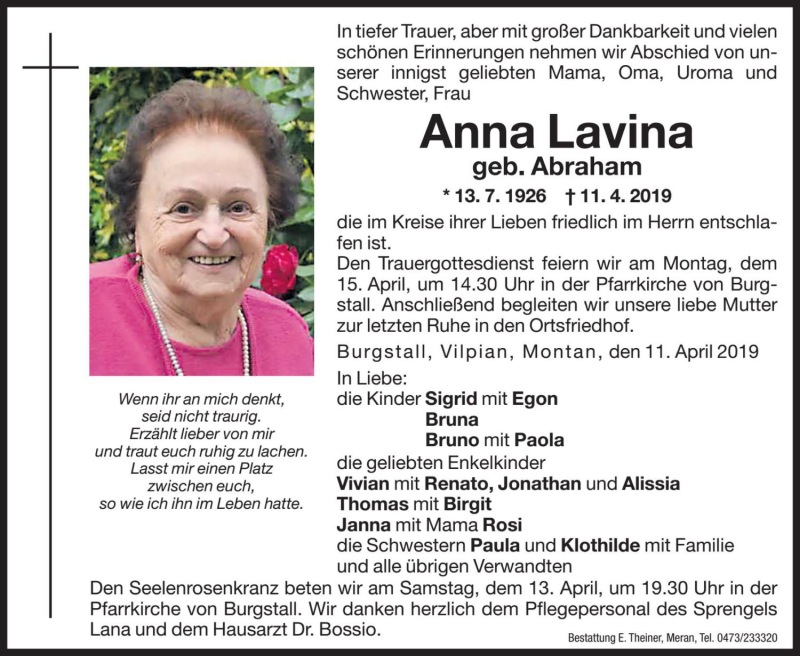  Traueranzeige für Anna Lavina vom 13.04.2019 aus Dolomiten