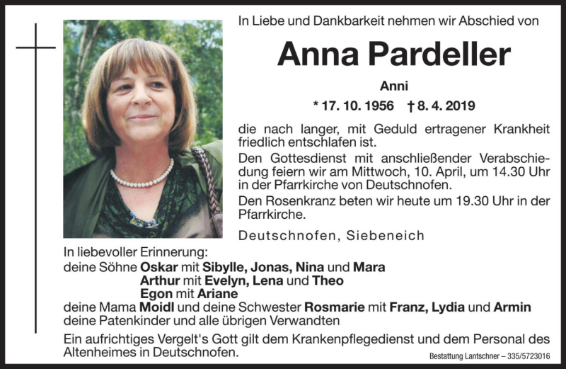  Traueranzeige für Anna Pardeller vom 09.04.2019 aus Dolomiten