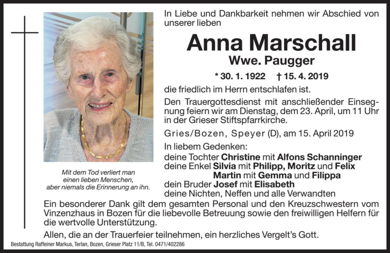  Traueranzeige für Anna Paugger vom 19.04.2019 aus Dolomiten