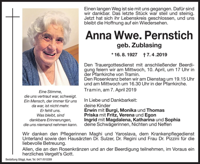  Traueranzeige für Anna Pernstich vom 08.04.2019 aus Dolomiten