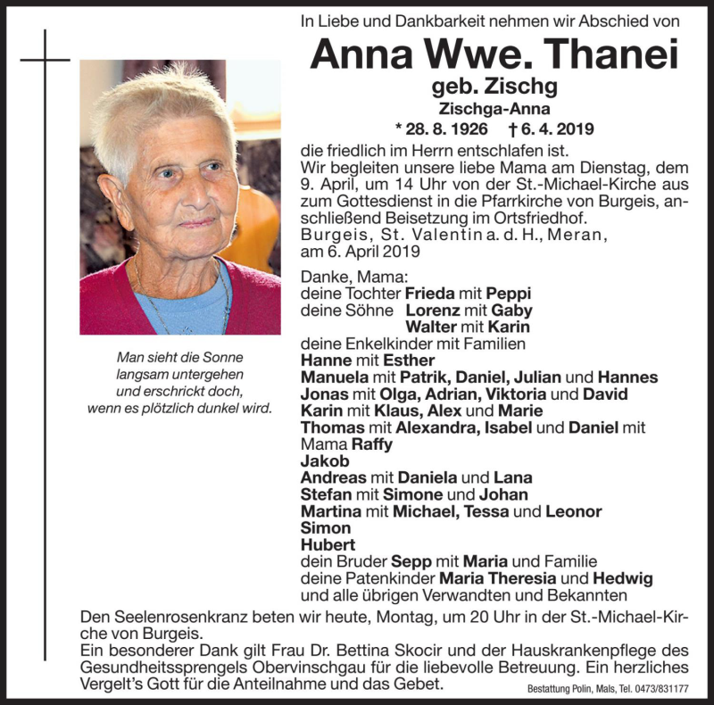  Traueranzeige für Anna Thanei vom 08.04.2019 aus Dolomiten