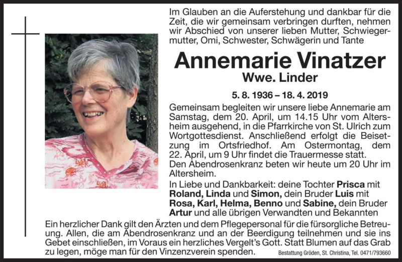  Traueranzeige für Annemarie Linder vom 19.04.2019 aus Dolomiten
