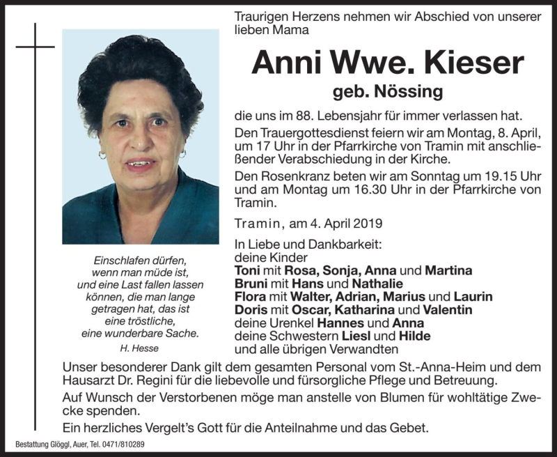  Traueranzeige für Anni Kieser vom 06.04.2019 aus Dolomiten