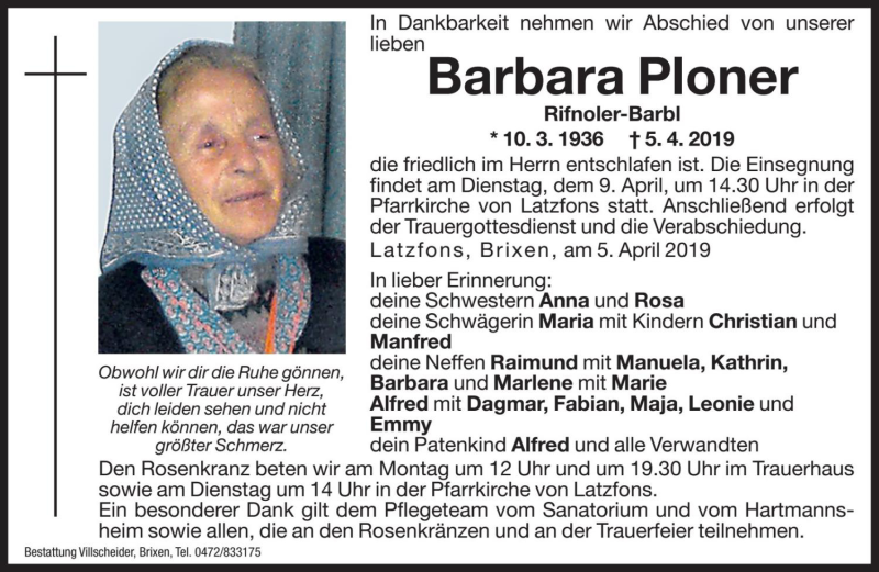  Traueranzeige für Barbara Ploner vom 08.04.2019 aus Dolomiten