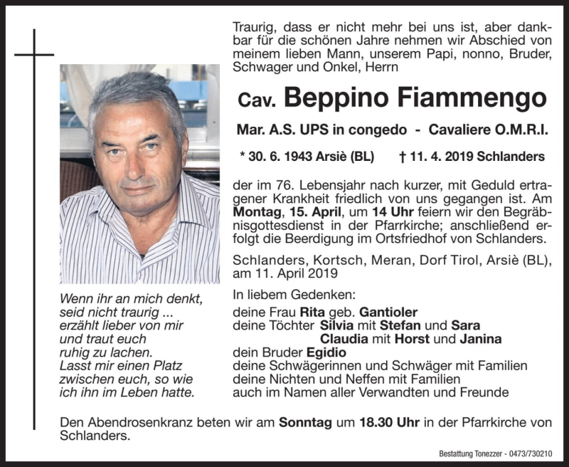  Traueranzeige für Beppino Fiammengo vom 13.04.2019 aus Dolomiten