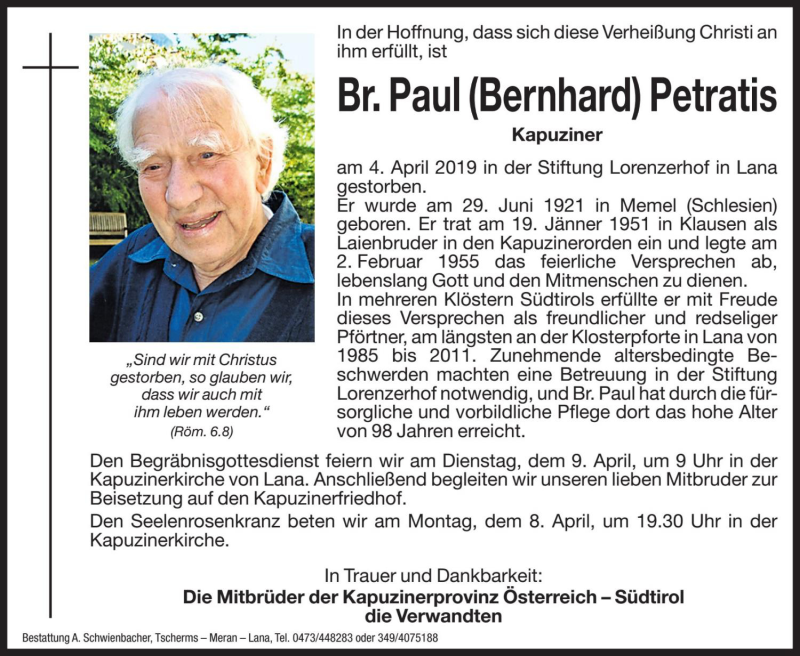  Traueranzeige für Bernhard Petratis vom 08.04.2019 aus Dolomiten