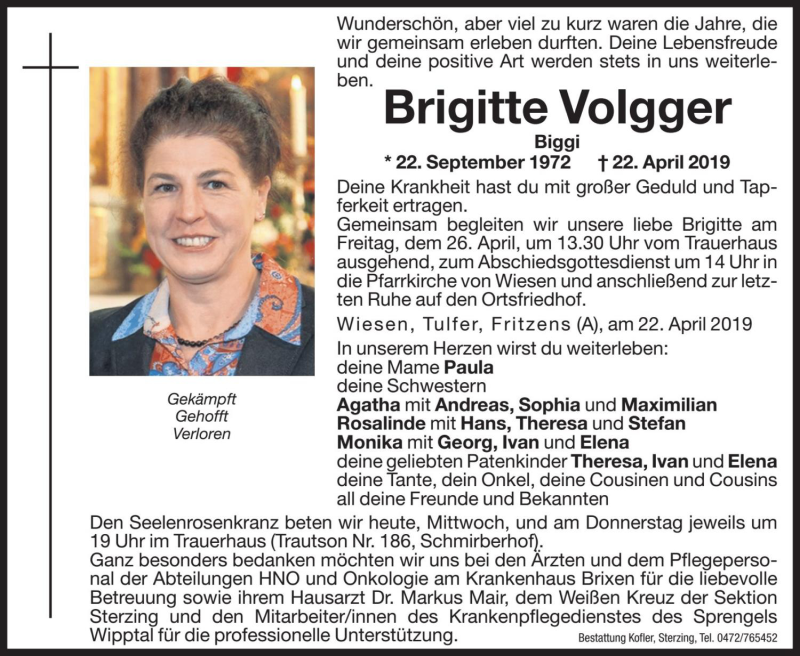  Traueranzeige für Brigitte Volgger vom 24.04.2019 aus Dolomiten