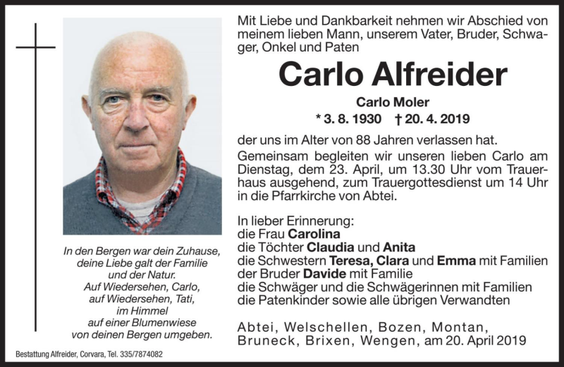  Traueranzeige für Carlo Alfreider vom 23.04.2019 aus Dolomiten