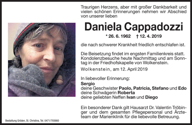  Traueranzeige für Daniela Cappadozzi vom 13.04.2019 aus Dolomiten
